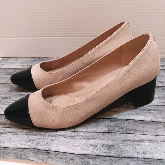 Cole Haan W26302 Suede Cap Toe Block Heel Pumps Tan/Nude Black Patent 8B - Picture 2 of 5
